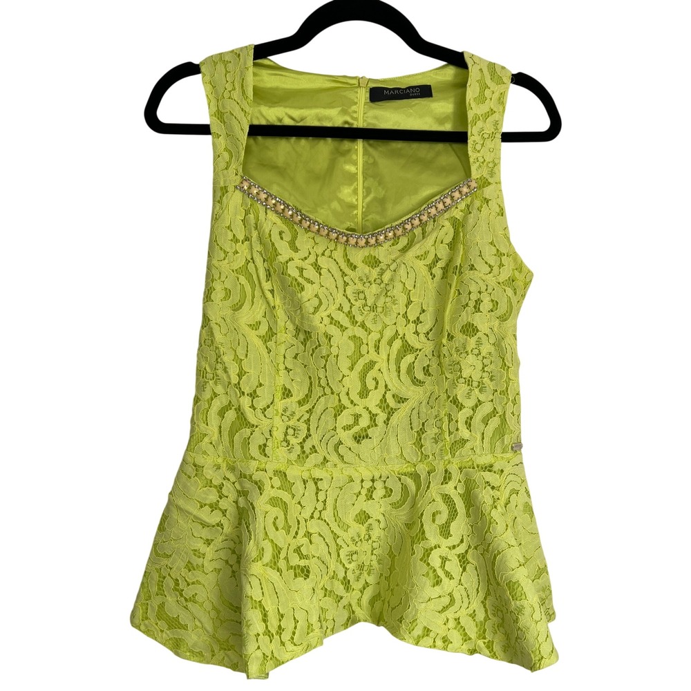 Marciano Guess Chartreuse Green Lace Rhinestone Peplum Top Size 42